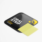 Close-up of an open packaging for ORAL STRIP in orange flavor, highlighting the yellow strip inside, by nutrima.