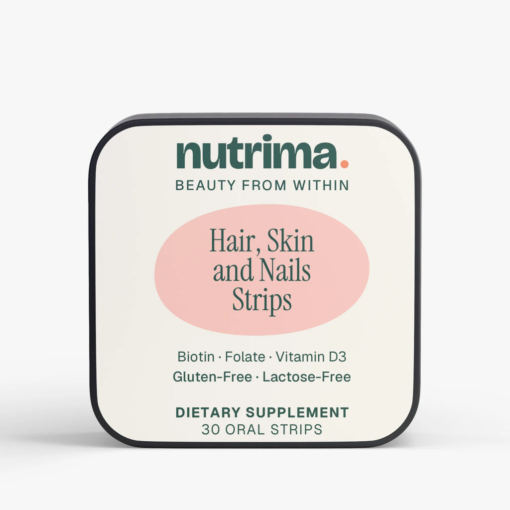 Square packaging for Hair, Skin and Nails Strips featuring a soft color palette and clear ingredient details by nutrima.