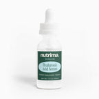 Clear dropper bottle of Hyaluronic Acid Serum featuring a teal label, by nutrima for facial care.