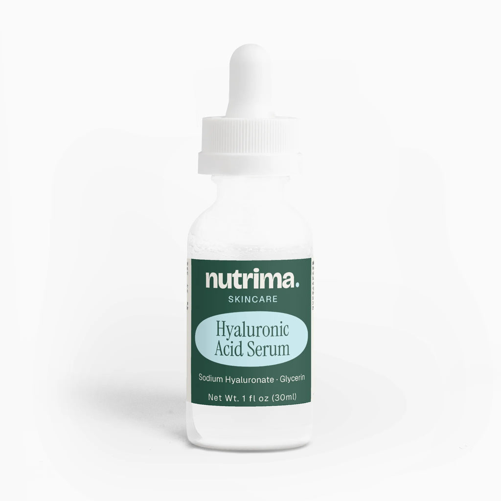 Clear dropper bottle of Hyaluronic Acid Serum by nutrima, featuring green and white label design.