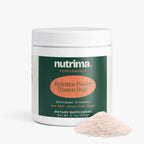 Hydration Powder (Passion Fruit) displayed with powder granules beside the container, showcasing its striking label design by