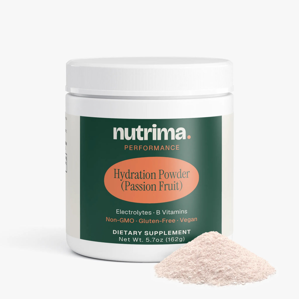 Hydration Powder (Passion Fruit) displayed with powder granules beside the container, showcasing its striking label design by