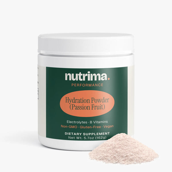 Hydration Powder (Passion Fruit) displayed with powder granules beside the container, showcasing its striking label design by