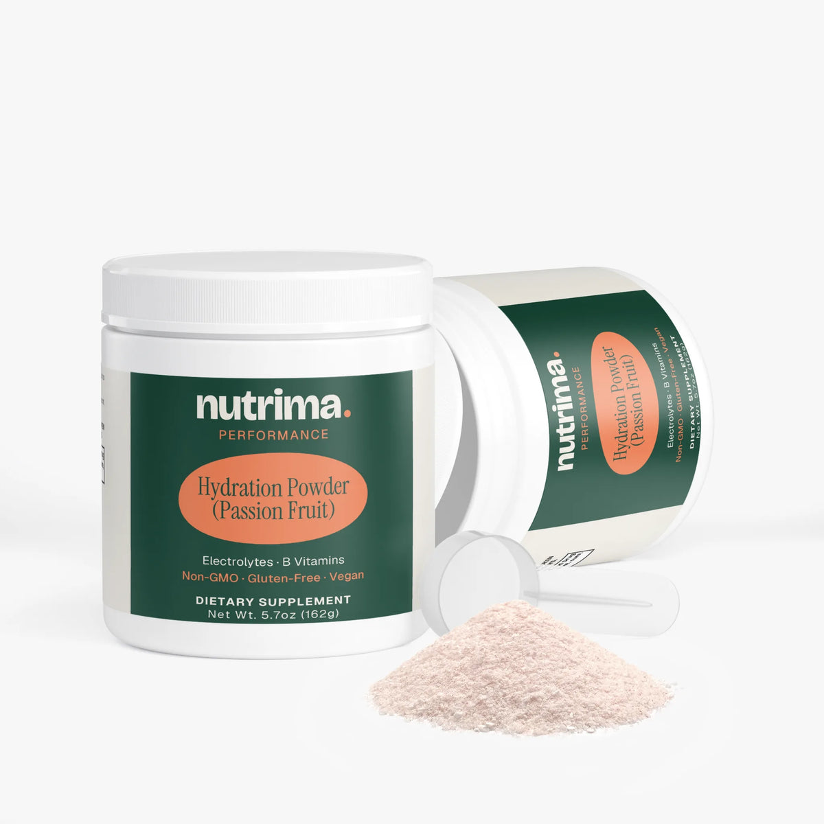 Hydration Powder (Passion Fruit) displayed with a scoop and powder spill, showcasing its packaging by nutrima.