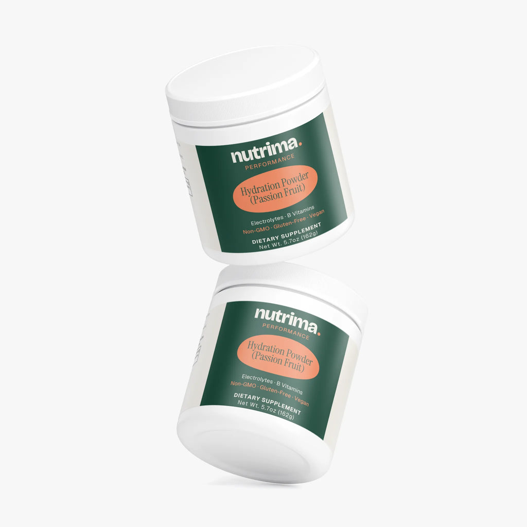 Two jars of Hydration Powder (Passion Fruit) showing the distinct green and orange design by nutrima.