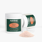 Hydration Powder (Peach Mango) is shown with a scoop and powder spilled, featuring a green and orange design by nutrima.