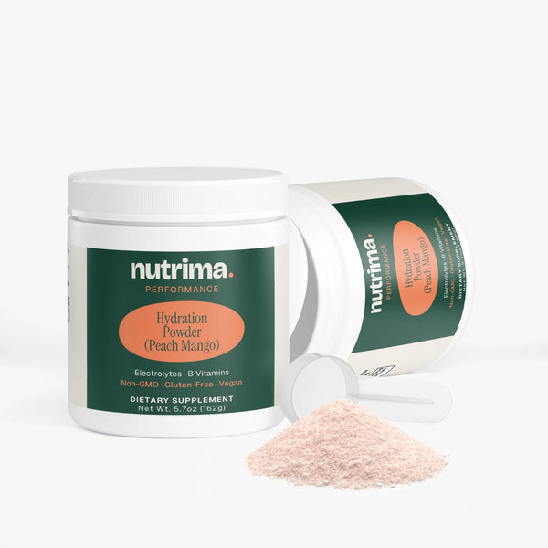 Hydration Powder (Peach Mango) is shown with a scoop and powder spilled, featuring a green and orange design by nutrima.