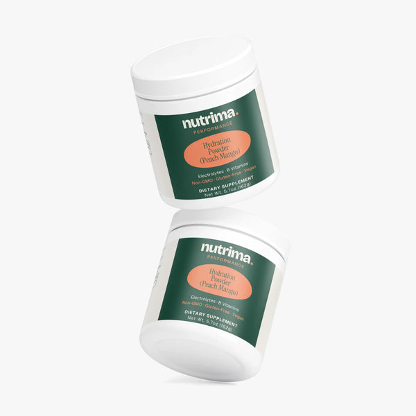 Two tubs of Hydration Powder (Peach Mango) by nutrima, showcasing vibrant packaging for intra-workout use.
