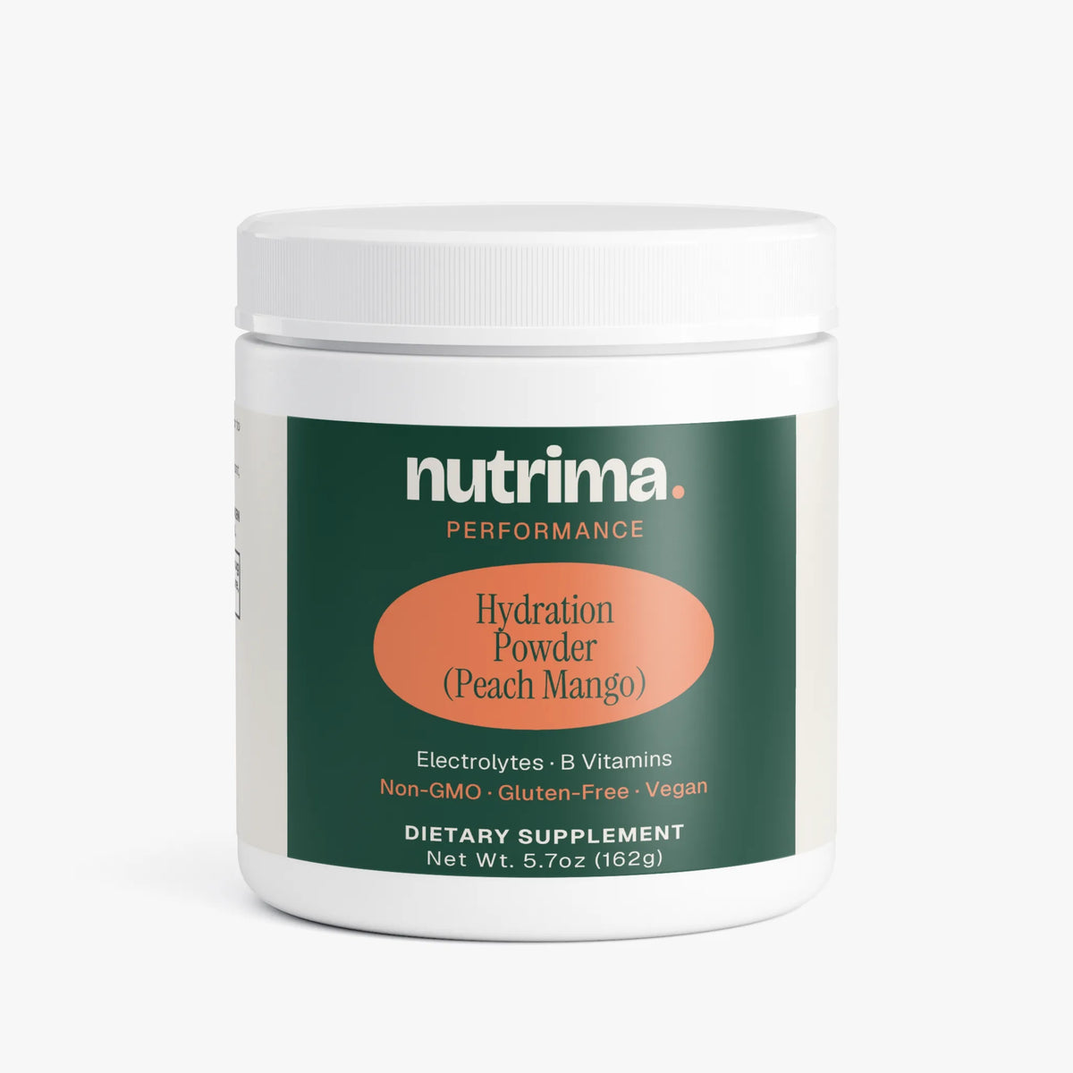 Container of Hydration Powder (Peach Mango) with a green and cream design, by nutrima.