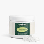 Distinct white powder beside a tub of L-Glutamine.