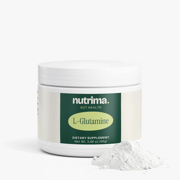 Distinct white powder beside a tub of L-Glutamine.