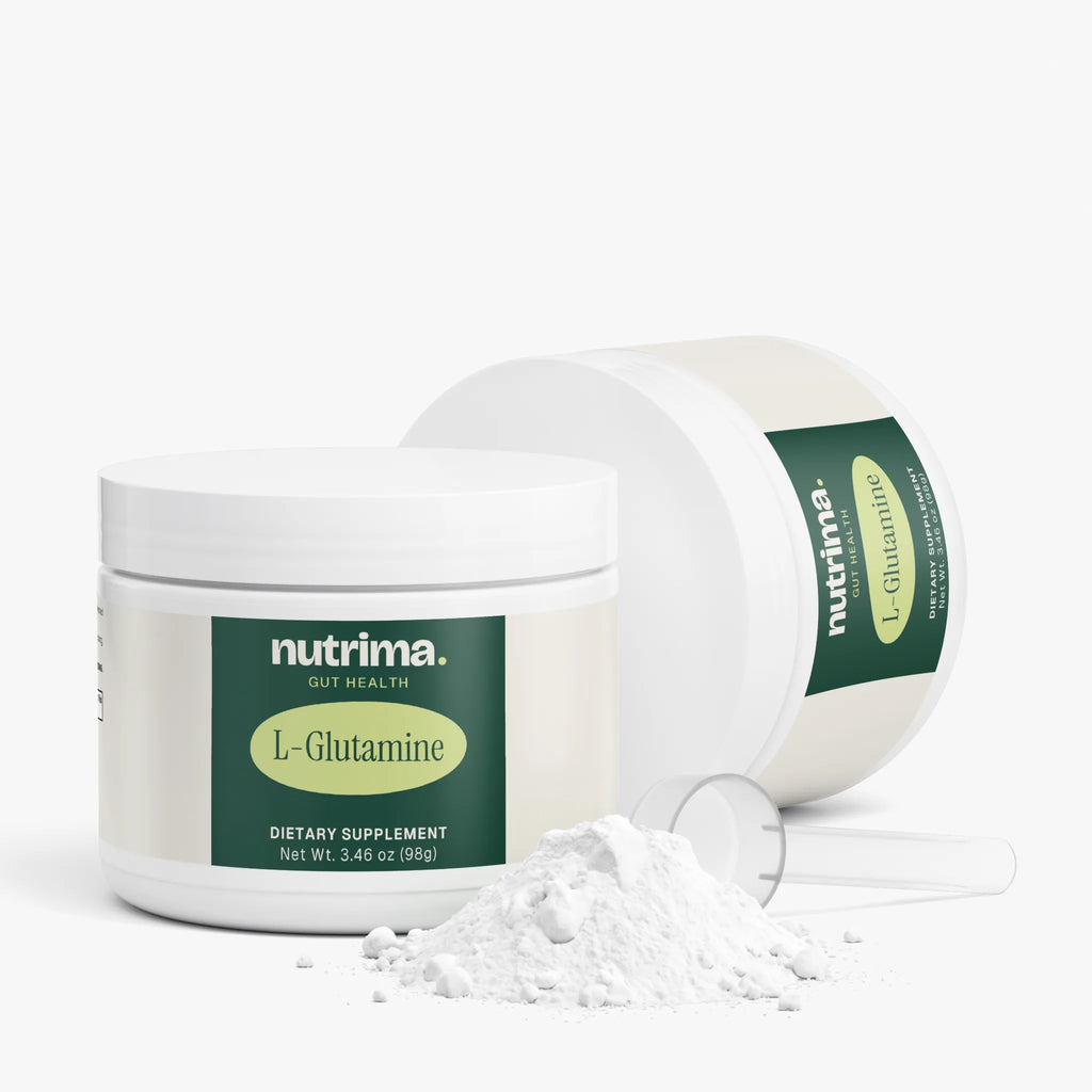 L-Glutamine powder with a scoop beside the container.