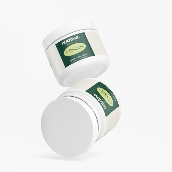 L-Glutamine container positioned at an angle, showcasing its creamy white design and green label by nutrima.