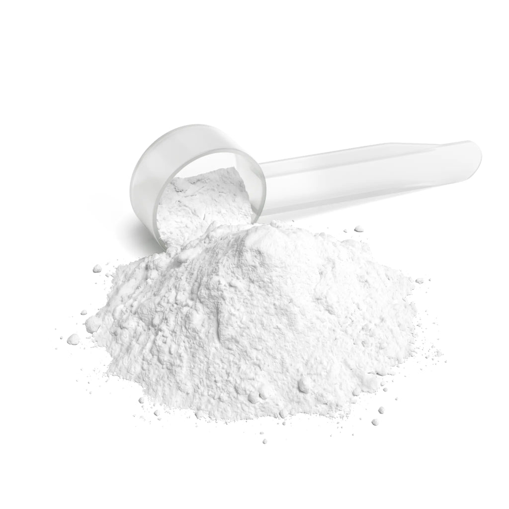 White powder of L-Glutamine with a measuring scoop, highlighting its fine texture and distinct packaging by nutrima.