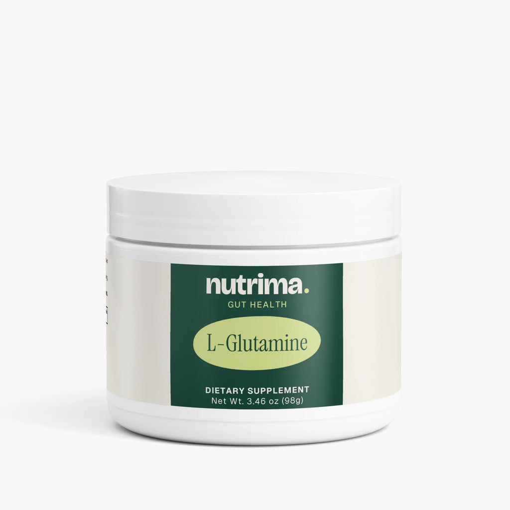 White container of L-Glutamine dietary supplement by nutrima, 3.46 oz.