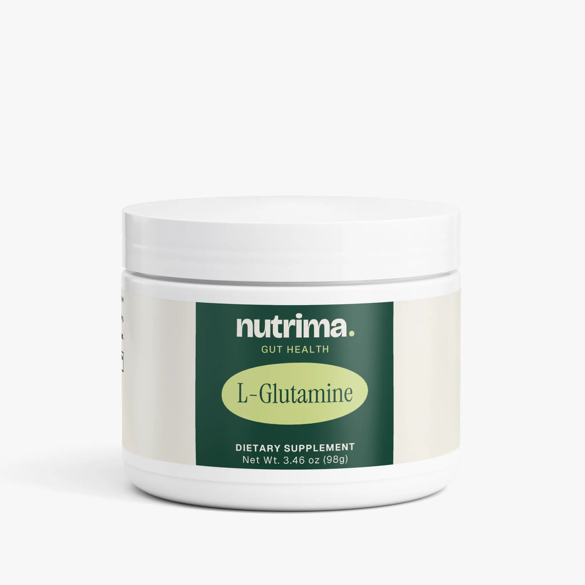 White container of L-Glutamine dietary supplement by nutrima, 3.46 oz.