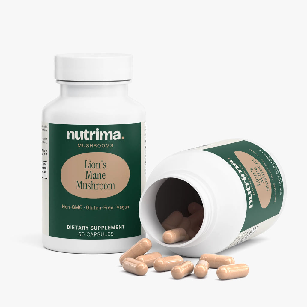 Bottle of Lion's Mane Mushroom capsules, showing one bottle upright, another tipped over with capsules spilled, by nutrima.