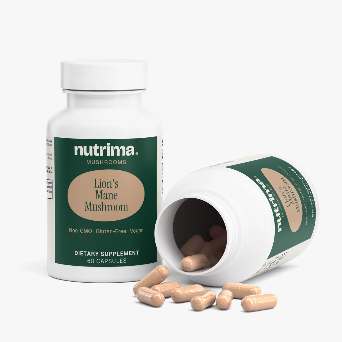 Bottle of Lion's Mane Mushroom capsules, showing one bottle upright, another tipped over with capsules spilled, by nutrima.