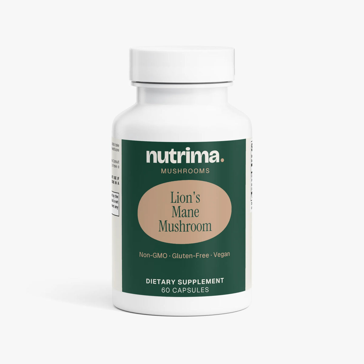White bottle of Lion's Mane Mushroom dietary supplement with green and beige label by nutrima.