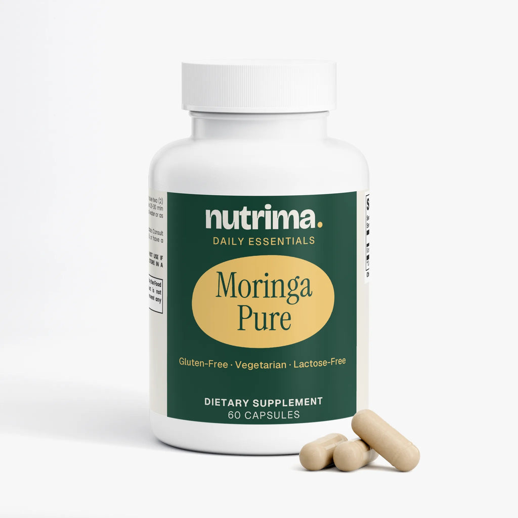 Moringa Pure capsules in a white bottle with green label, shown with three capsules, by nutrima.