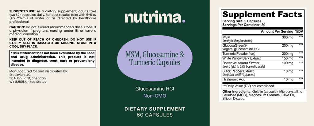 Supplement facts label for MSM, Glucosamine & Turmeric Capsules, 60 Count, with ingredients, suggested use and warnings