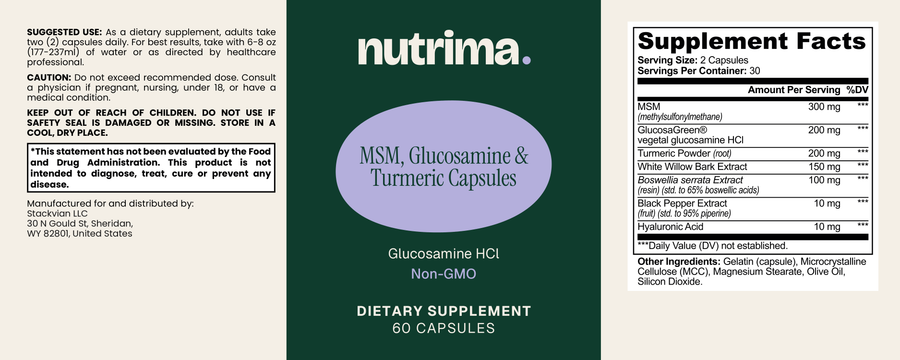 Supplement facts label for MSM, Glucosamine & Turmeric Capsules, 60 Count, with ingredients, suggested use and warnings
