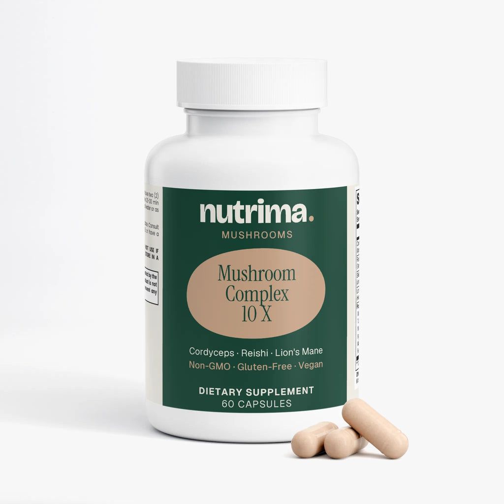 Mushroom Complex 10 X dietary supplement bottle in green with beige label, showcasing three capsules, by nutrima.