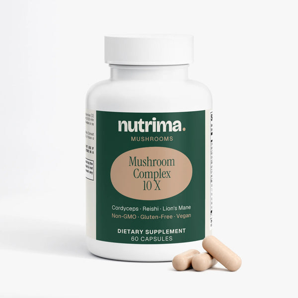 Mushroom Complex 10 X dietary supplement bottle in green with beige label, showcasing three capsules, by nutrima.