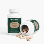 Mushroom Complex 10 X dietary supplement capsules spilled from an open bottle, highlighting their beige color by nutrima.