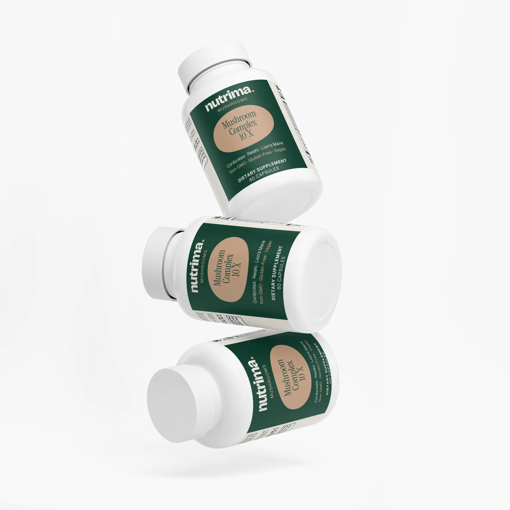 Three Mushroom Complex 10 X bottles displayed with a clean white background, showcasing the nutrima brand.