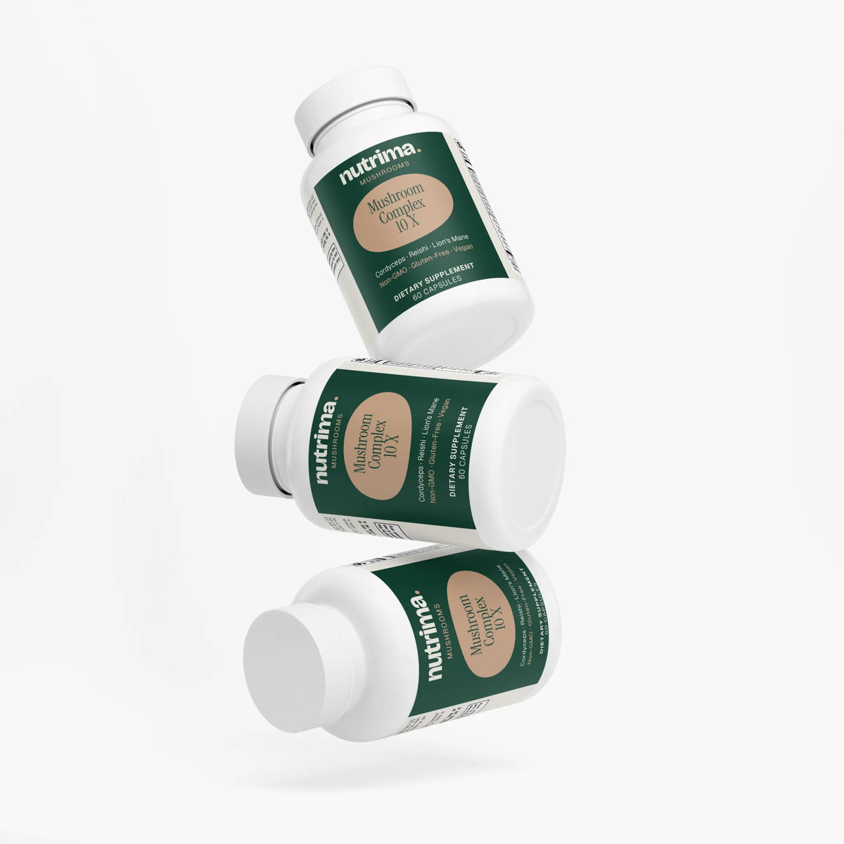 Three Mushroom Complex 10 X bottles displayed with a clean white background, showcasing the nutrima brand.