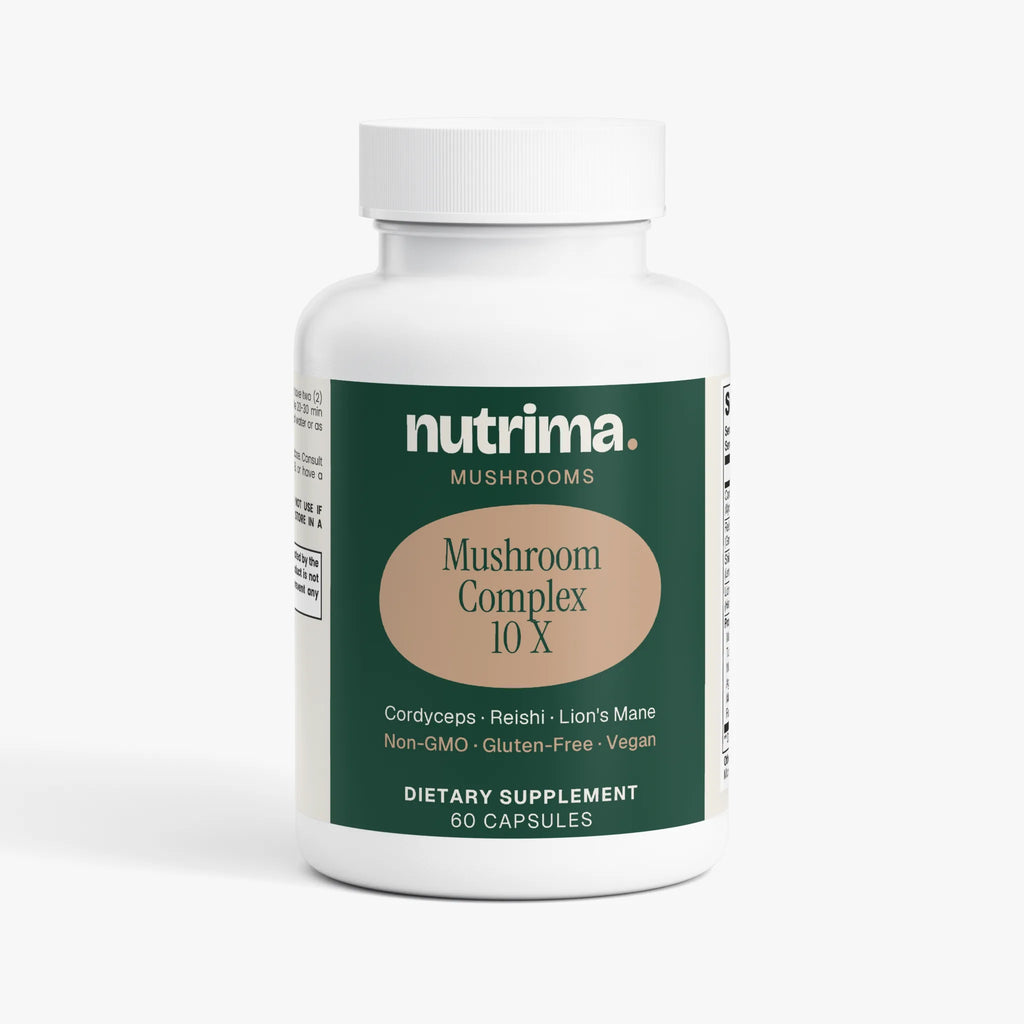 Mushroom Complex 10 X dietary supplement bottle in white and green, featuring 60 vegan capsules by nutrima.