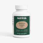 Mushroom Complex 10 X dietary supplement bottle in white and green, featuring 60 vegan capsules by nutrima.