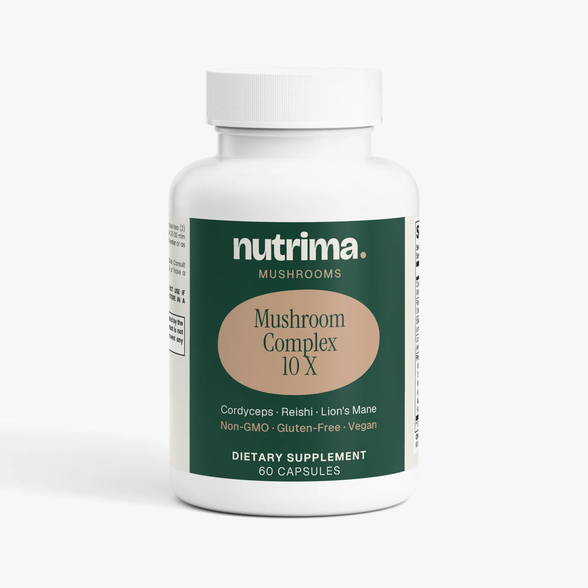 Mushroom Complex 10 X dietary supplement bottle in white and green, featuring 60 vegan capsules by nutrima.