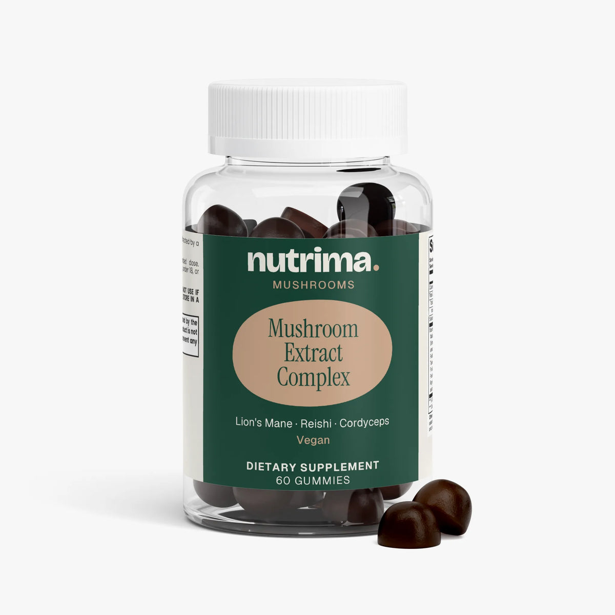 Clear bottle of Mushroom Extract Complex gummies featuring a green label, showcasing the product by nutrima.