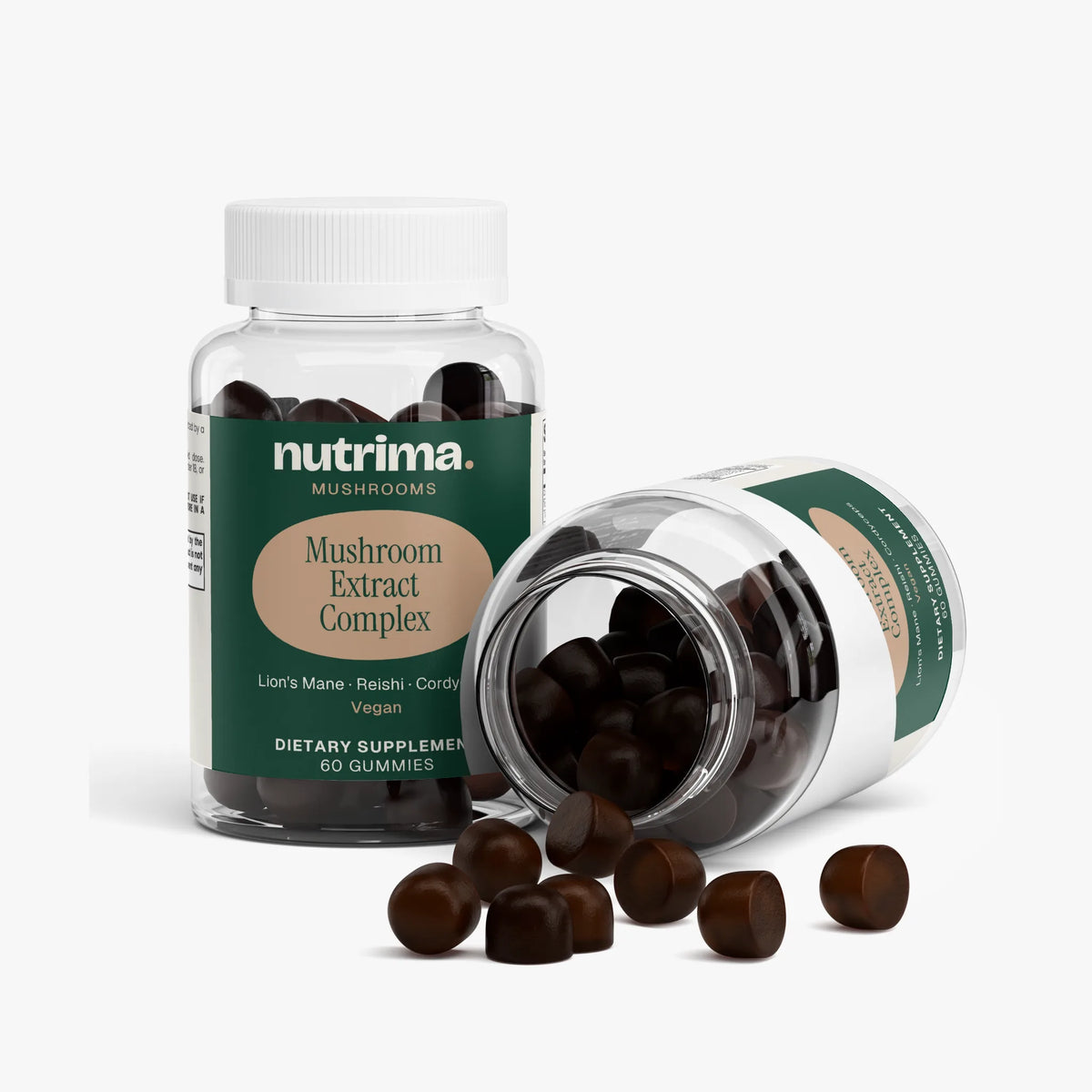 Mushroom Extract Complex gummies in a clear bottle with some gummies scattered outside, by nutrima.