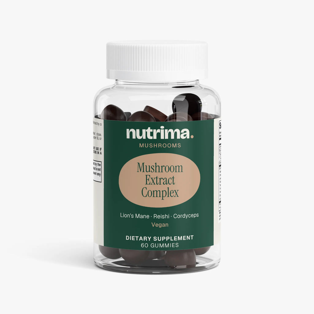 Clear bottle of Mushroom Extract Complex gummies featuring a dark green label, by nutrima, dietary supplement with 60 gummies