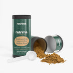 Mushroom Fuse Instant Coffee (Medium Roast) by nutrima, featuring a opened canister and spilled coffee grounds.