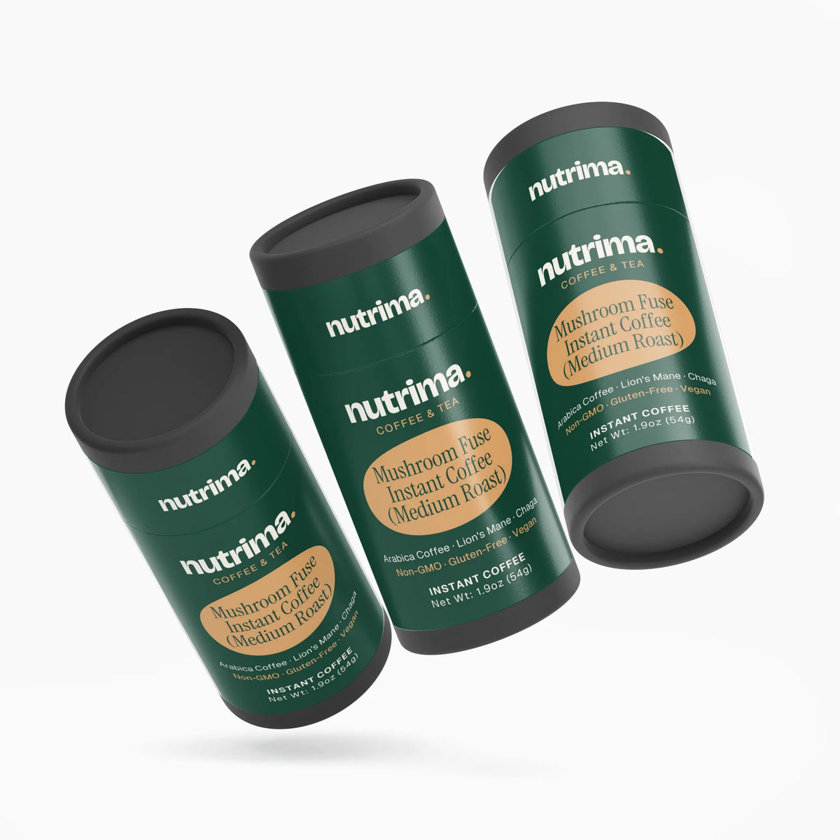 Three containers of Mushroom Fuse Instant Coffee (Medium Roast) by nutrima, showcasing distinct packaging and colors.