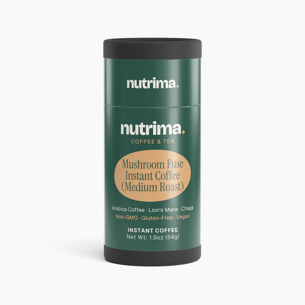 Green cylindrical packaging of Mushroom Fuse Instant Coffee (Medium Roast) by nutrima, featuring a sleek design.