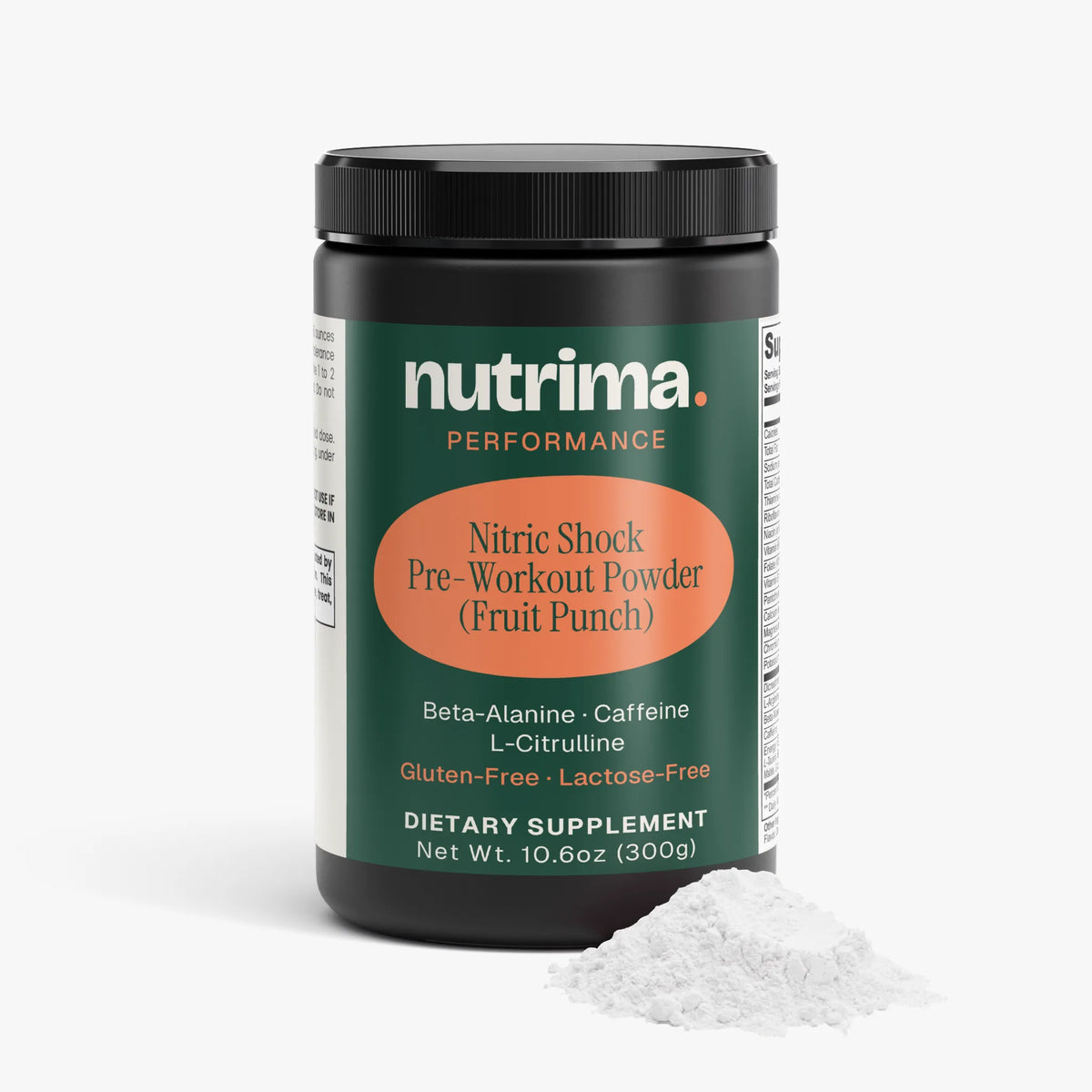 Container of Nitric Shock Pre-Workout Powder (Fruit Punch) with a spilled powder beside it, by nutrima.