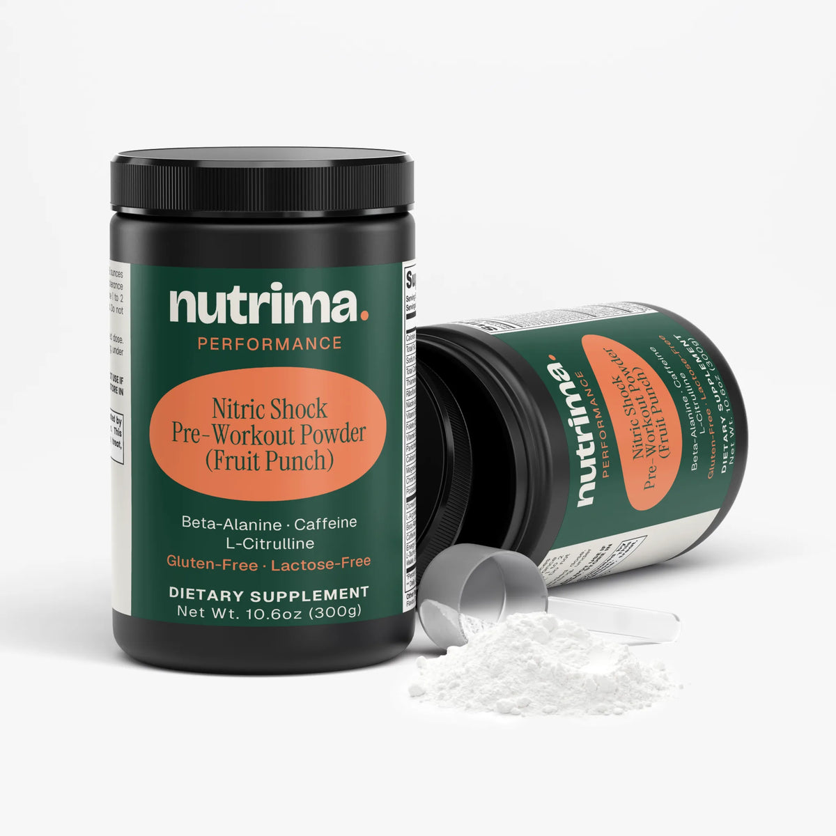 Dark jar of Nitric Shock Pre-Workout Powder (Fruit Punch) by nutrima, with powder and scoop visible.