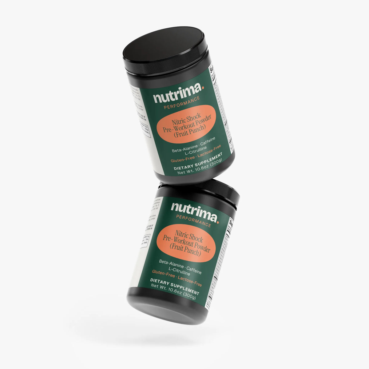 Two jars of Nitric Shock Pre-Workout Powder (Fruit Punch) angled to show distinct labeling by nutrima.