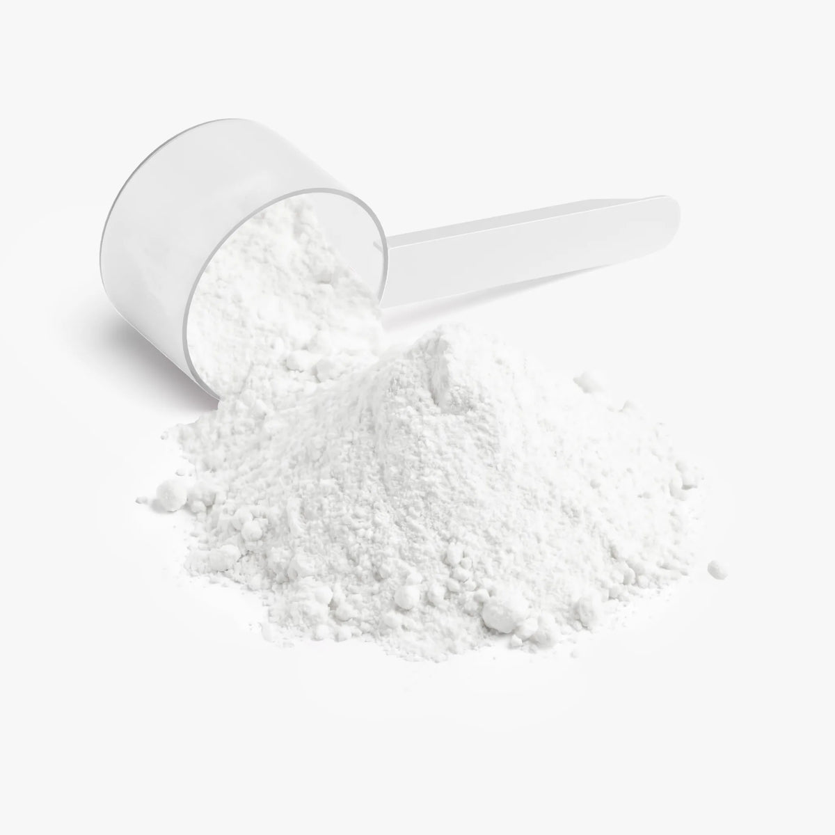 White Nitric Shock Pre-Workout Powder spilling from a clear scoop, showcasing its fine texture, by nutrima.