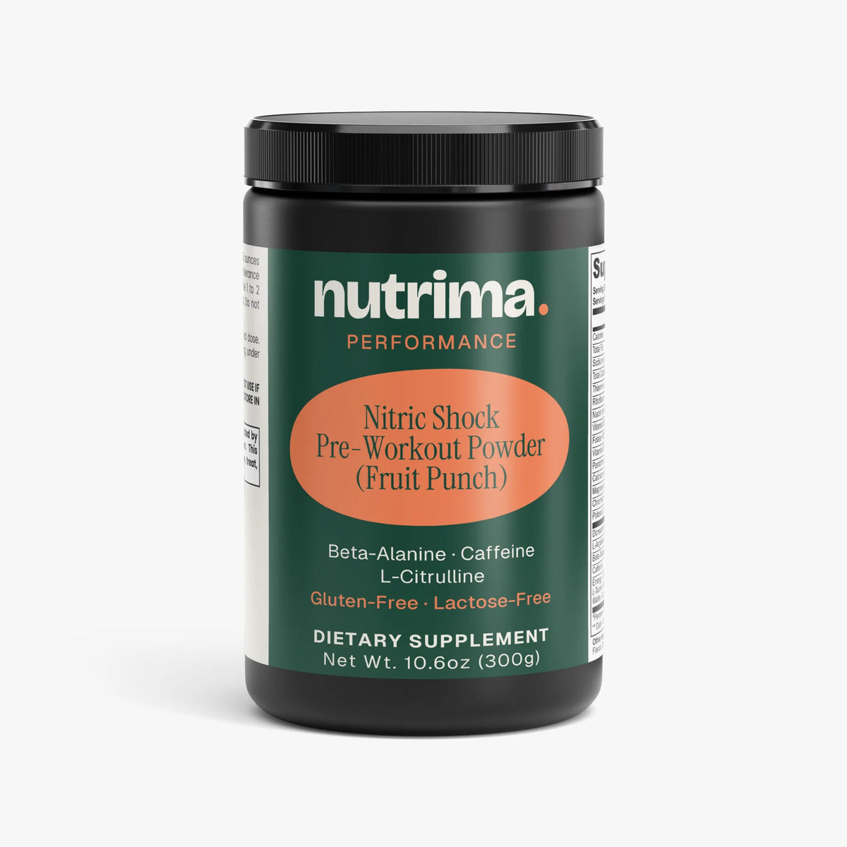 Black jar of Nitric Shock Pre-Workout Powder (Fruit Punch) by nutrima, featuring a vibrant label with ingredient details.