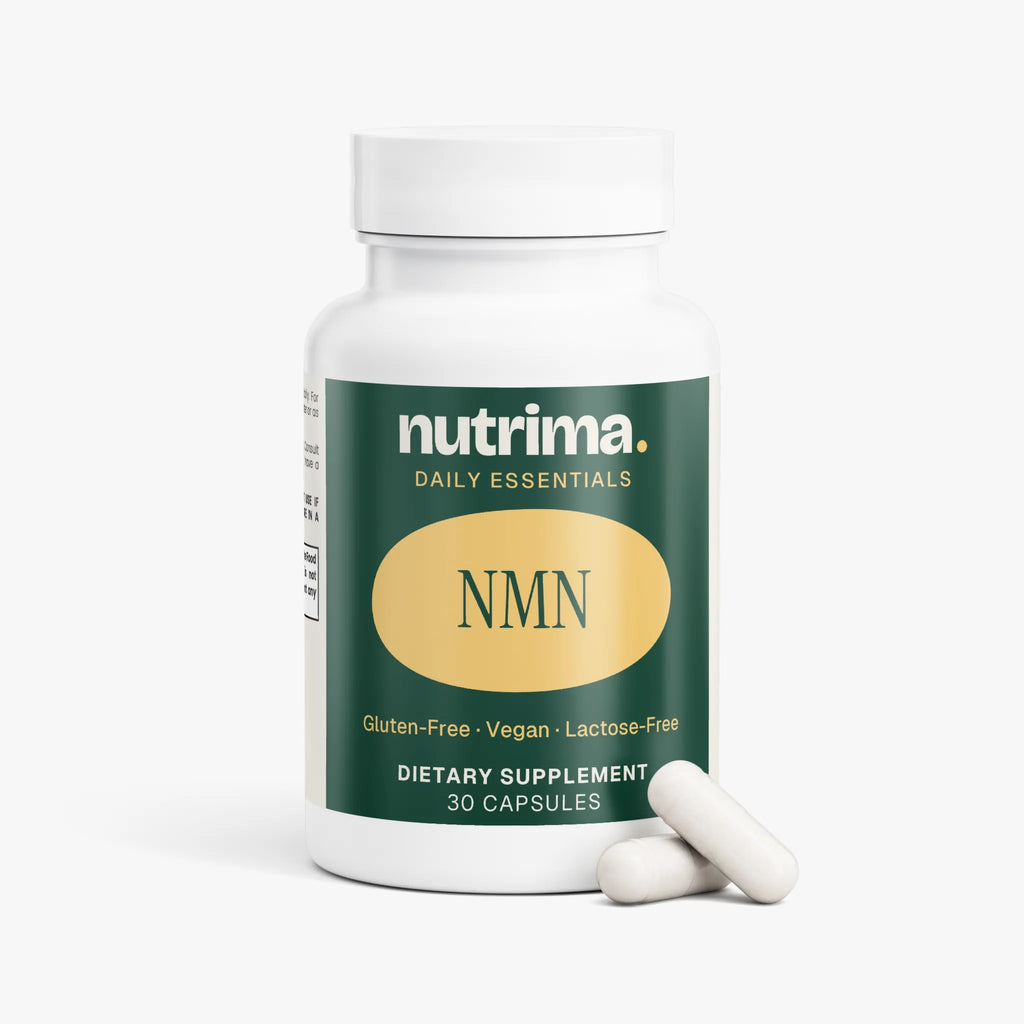 Nutrima's NMN dietary supplement features a white bottle with three capsules beside it, highlighting its gluten-free and vega