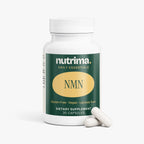 Nutrima's NMN dietary supplement features a white bottle with three capsules beside it, highlighting its gluten-free and vega