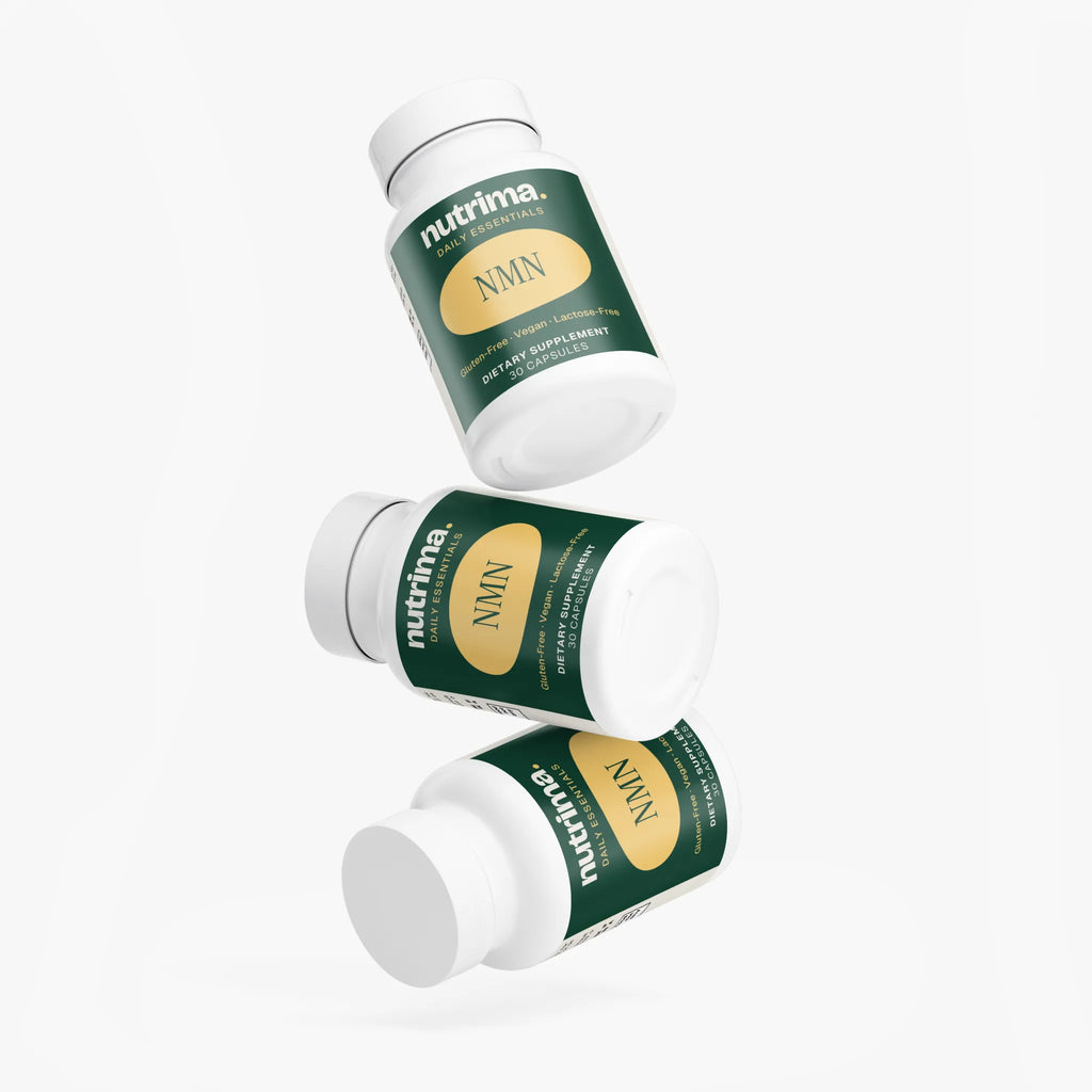 Three bottles of NMN dietary supplement by nutrima with distinctive green and gold labels, showing front and side views.