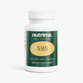 Nutrima NMN dietary supplement bottle against a white background, featuring a green label and 30 capsules inside.