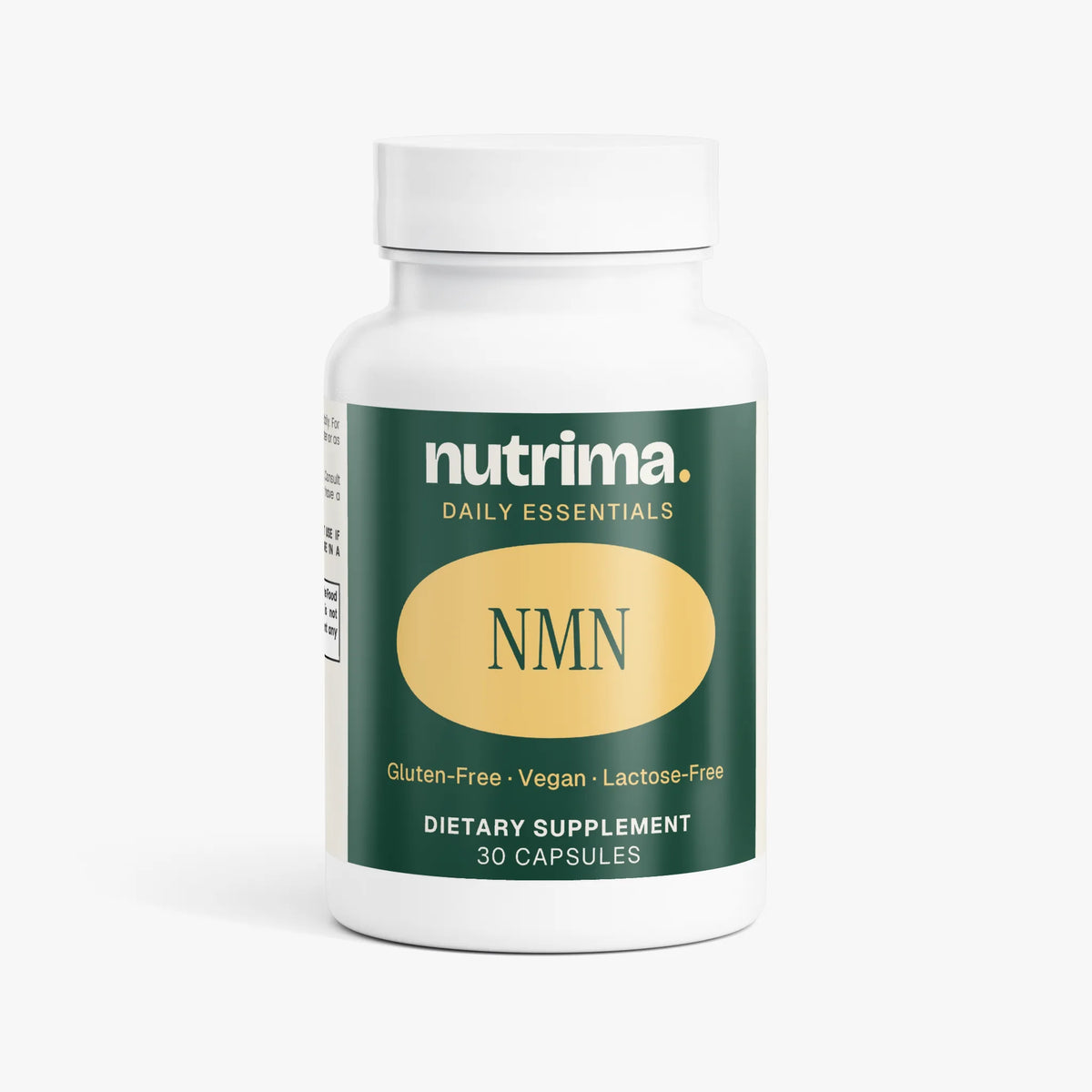 Nutrima NMN dietary supplement bottle against a white background, featuring a green label and 30 capsules inside.